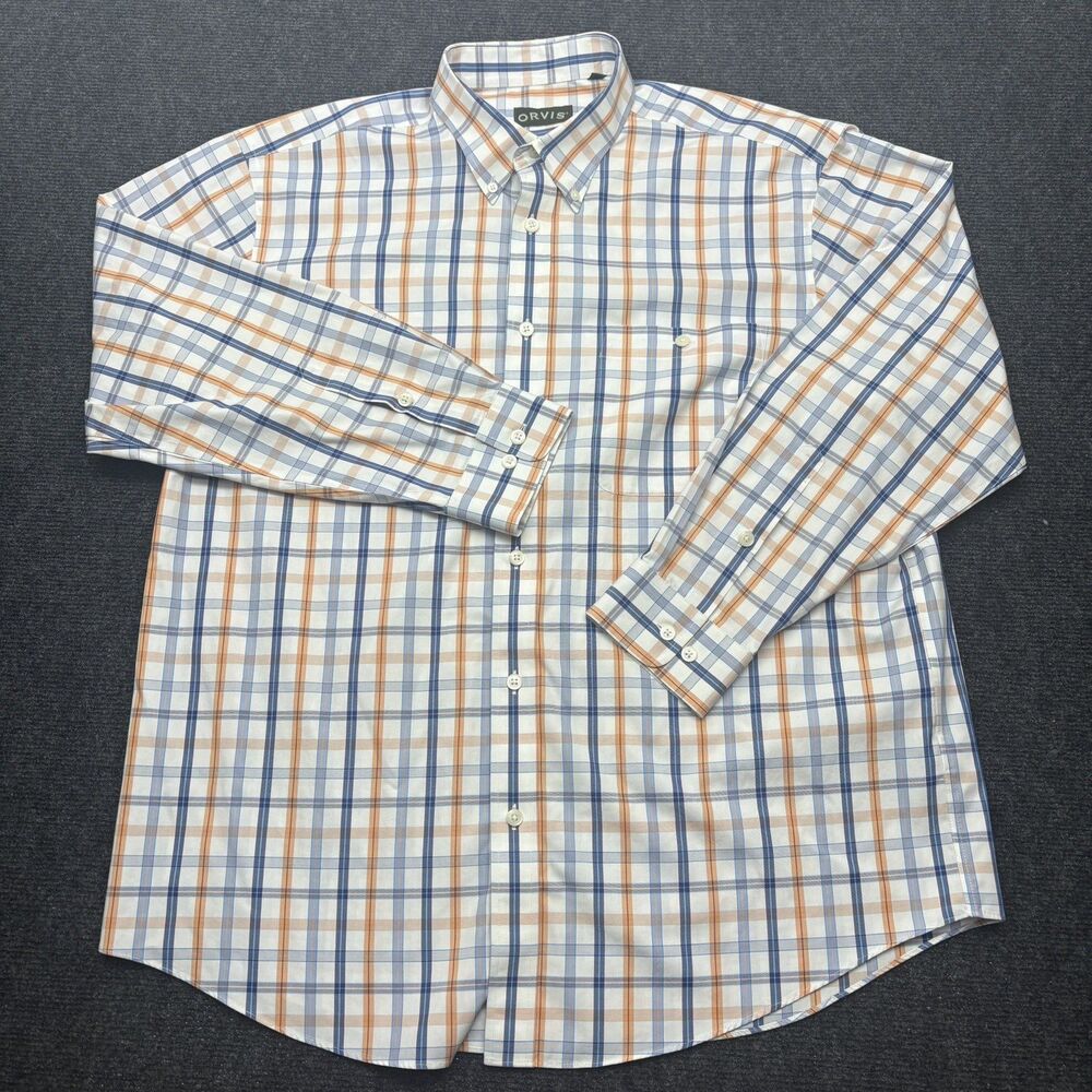 Orvis Mens XL Long Sleeve Plaid Button Down Shirt Casual White Orange Blue